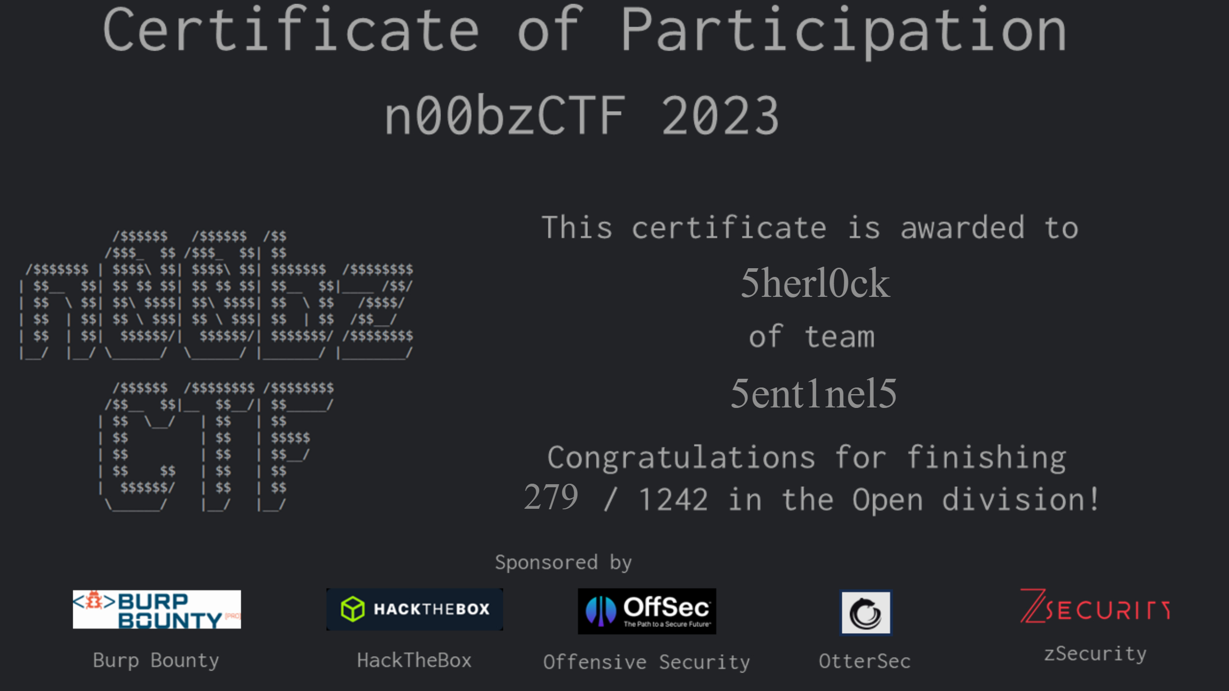 N00bzCTF 2023 Certificate