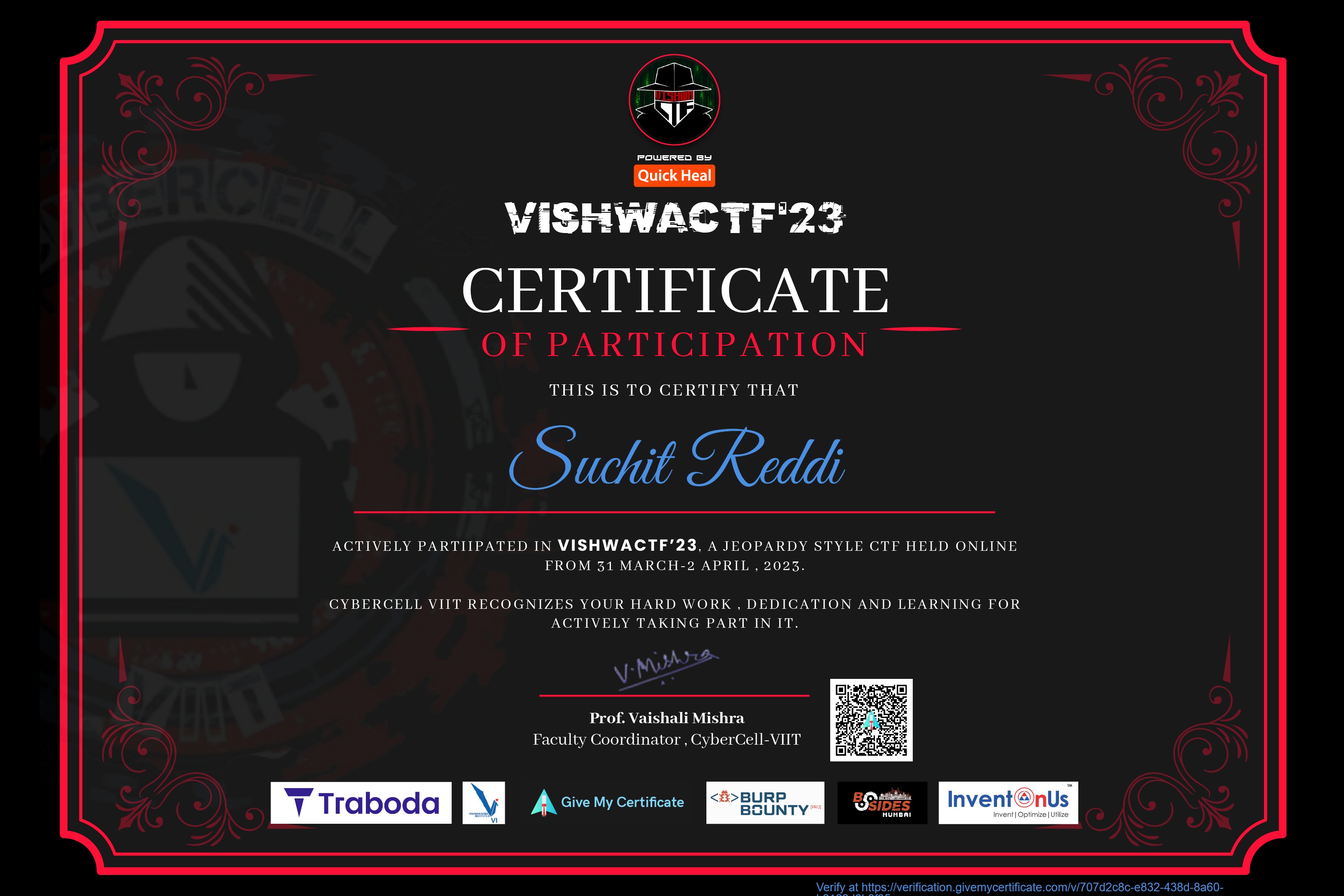 VishwaCTF 2023 Certificate